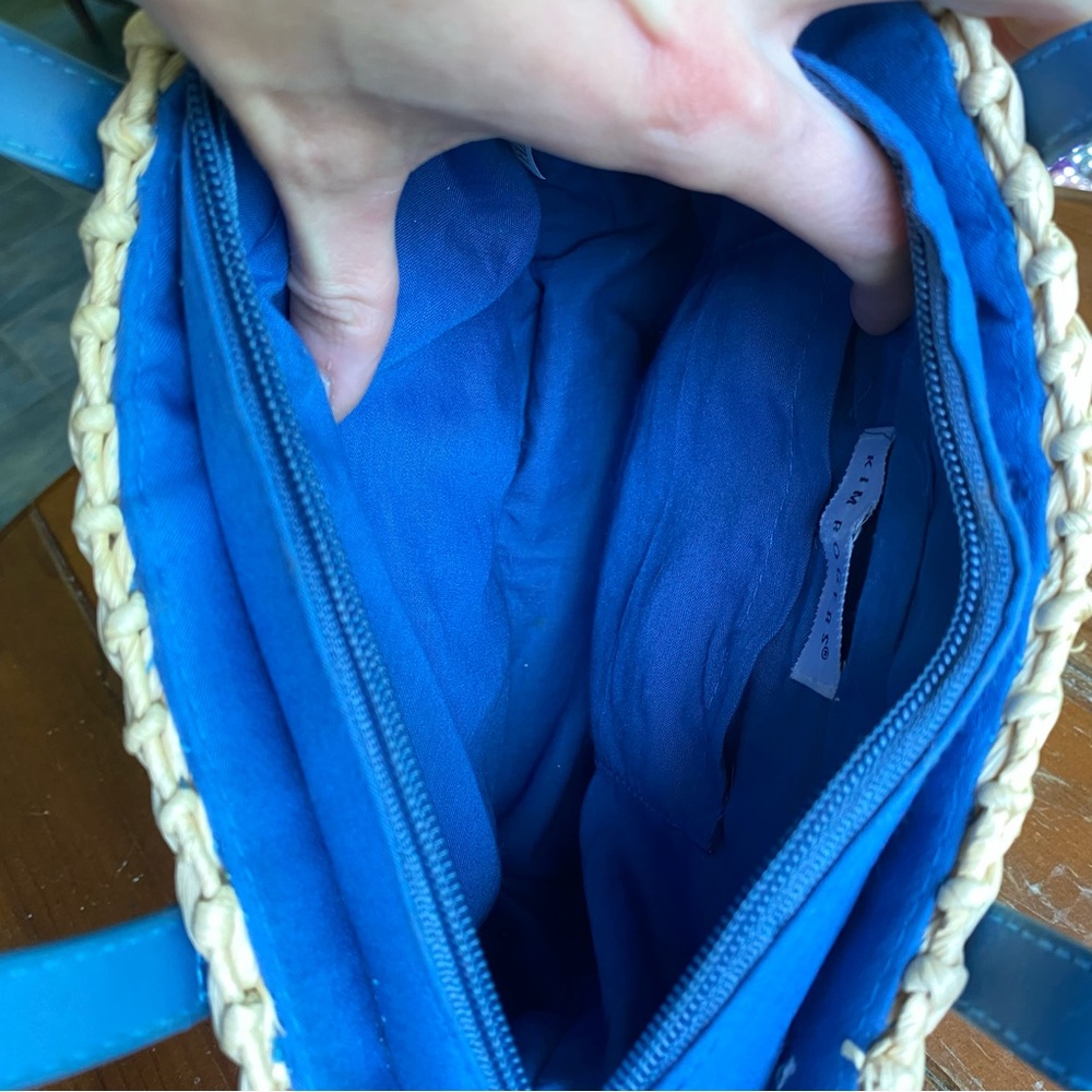 Kim Rogers Straw/Paper Mini Tote/Hand Bag w. Sea Blue Lining & Shell Accents - Picture 6 of 7